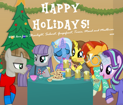 Size: 3182x2696 | Tagged: safe, artist:grapefruitface1, imported from derpibooru, maud pie, mudbriar, starlight glimmer, sunburst, trixie, oc, oc:grapefruit face, pony, base used, blushing, candy, candy cane, canon x oc, christmas, christmas tree, clothes, cup, drunk, eyes closed, female, food, grapexie, group, happy, hearth's warming eve, holiday, implied drinking, magic, magic aura, male, maudbriar, party, pie, plate, ponies wearing clothing, shipping, shirt, show accurate, starburst, straight, table, teacup, tinsel, tree