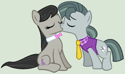 Size: 758x449 | Tagged: safe, artist:jadeharmony, artist:jadethepegasus, artist:ukulelemoon, imported from derpibooru, octavia melody, octavio pie, earth pony, pony, my little pony: pony life, base used, bowtie, clothes, double octavi, duo, eyes closed, female, g4, g4.5, g4.5 to g4, gray background, kiss on the lips, kissing, male, mare, necktie, pony life, shipping, shirt, simple background, sitting, stallion, straight, taviception, vest