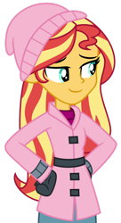 Size: 1024x1878 | Tagged: safe, artist:emeraldblast63, imported from derpibooru, sunset shimmer, equestria girls, beanie, clothes, coat, cute, hat, simple background, snow, solo, transparent background, winter