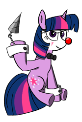Size: 800x1200 | Tagged: safe, artist:twi clown, derpibooru exclusive, imported from derpibooru, oc, oc only, oc:twi clown, pony, unicorn, derpibooru community collaboration, 2021 community collab, author avatar, bowtie, clone, clone oc, clown, clown nose, cuffs, drill, female, mare, red nose, simple background, solo, transparent background