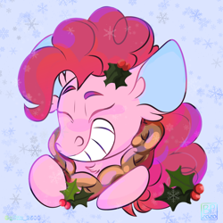 Size: 2000x2000 | Tagged: safe, artist:glitterstar2000, imported from derpibooru, pinkie pie, earth pony, pony, abstract background, big ears, bust, christmas, cute, diapinkes, eyes closed, female, g4.5, holiday, holly, mare, smiling, solo