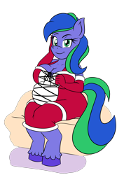 Size: 2160x3240 | Tagged: safe, artist:sonicguru, imported from derpibooru, oc, oc only, oc:felicity stars, anthro, unguligrade anthro, belly, breasts, christmas, christmas outfit, fat, holiday, simple background, sitting, solo, transparent background