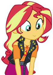 Size: 1941x2763 | Tagged: safe, artist:sketchmcreations, imported from derpibooru, sunset shimmer, equestria girls, equestria girls series, holidays unwrapped, spoiler:eqg series (season 2), c:, clothes, fascinated, female, geode of empathy, interested, jacket, leather jacket, looking at something, magical geodes, saving pinkie's pie, shoulderless, simple background, smiling, solo, transparent background, vector