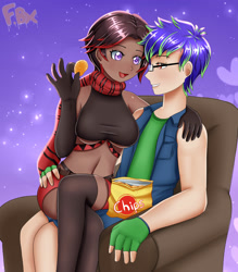 Size: 1750x2000 | Tagged: safe, artist:focusb, imported from derpibooru, oc, oc:lotus moon, oc:saphirus, human, armchair, breasts, chair, chips, clothes, dark skin, food, glasses, gloves, humanized, kneesocks, loturus, scarf, socks, sofa 2013