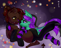 Size: 1998x1593 | Tagged: safe, artist:moon_emili, imported from derpibooru, oc, oc only, oc:mintybatty, oc:whiskey dreams, bat pony, pony, clothes, duo, socks, striped socks