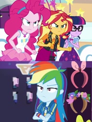 Size: 1717x2281 | Tagged: safe, edit, edited edit, imported from derpibooru, screencap, pinkie pie, rainbow dash, sci-twi, sunset shimmer, twilight sparkle, equestria girls, equestria girls series, holidays unwrapped, rollercoaster of friendship, spoiler:eqg series (season 2), angry, comparison, crossed arms, dashing through the mall, fight, geode of empathy, geode of sugar bombs, geode of super speed, geode of telekinesis, holidays unwrapped drama, magical geodes