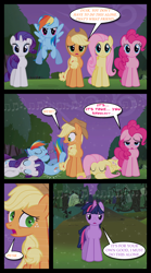 Size: 1280x2300 | Tagged: safe, artist:bigsnusnu, imported from derpibooru, applejack, fluttershy, pinkie pie, rainbow dash, rarity, twilight sparkle, earth pony, pegasus, unicorn, comic:dusk shine in pursuit of happiness, drowsy, dusk shine, everfree forest, music notes, road, rule 63, sleep spell, sleeping, tree, worried