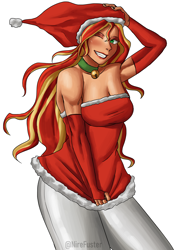 Size: 2480x3508 | Tagged: safe, artist:nire, imported from derpibooru, sunset shimmer, human, bell, bell collar, blushing, breasts, christmas, christmas outfit, cleavage, clothes, collar, dress, eyeshadow, female, hat, holiday, humanized, lipstick, looking at you, makeup, one eye closed, santa hat, smiling at you, solo, solo female, stupid sexy sunset shimmer, tanned, tights, wink, winking at you