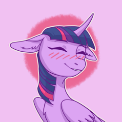 Size: 1800x1800 | Tagged: safe, artist:viceake, imported from derpibooru, twilight sparkle, alicorn, pony, blushing, bust, drawing, female, floppy ears, mare, pink background, portrait, simple background, solo, twilight sparkle (alicorn), wings