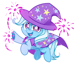 Size: 1000x850 | Tagged: safe, artist:yokokinawa, imported from derpibooru, trixie, pony, unicorn, cape, chibi, clothes, cute, diatrixes, fireworks, hat, heart, looking at you, open mouth, simple background, smiling, solo, trixie's cape, trixie's hat, white background, white pupils