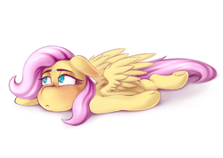 Size: 3076x2184 | Tagged: safe, artist:anon_1515, imported from derpibooru, fluttershy, pegasus, pony, :<, explicit source, eyebrows, female, freckles, high res, lidded eyes, lying down, on stomach, prone, simple background, solo, solo female, spread wings, squishy, squishy cheeks, white background, wings