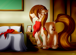 Size: 3388x2469 | Tagged: safe, artist:thebenalpha, imported from derpibooru, oc, oc:sweet bear, earth pony, bedroom, clothes, ear fluff, earth pony oc, hat, ryoku verse, sad, scarf, tears of sadness