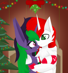 Size: 3000x3263 | Tagged: safe, artist:graphictoxin, artist:toxinagraphica, imported from derpibooru, oc, oc only, oc:daren, oc:graphic toxin, alicorn, pony, unicorn, absurd resolution, alicorn oc, big ears, bipedal, bow, christmas, christmas tree, clothes, duo, fangs, female, fireplace, fluffy, garland, glowing eyes, heart, heart eyes, high res, holiday, horn, hug, impossibly large ears, looking at each other, love, male, mare, mistletoe, new year, oc x oc, open mouth, open smile, shipping, smiling, smiling at each other, socks, stallion, stars, straight, striped socks, tree, unicorn oc, wingding eyes, wings, wreath