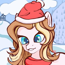 Size: 3000x3000 | Tagged: safe, artist:umbrapone, imported from derpibooru, oc, oc only, oc:caramel crunch, earth pony, pony, cel shading, christmas, clothes, cute, earth pony oc, female, happy, hat, holiday, looking at you, mare, scarf, shading, snow, solo, solo female