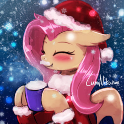 Size: 750x750 | Tagged: safe, artist:lumineko, imported from derpibooru, fluttershy, bat pony, pony, bat ponified, blushing, christmas, cute, cute little fangs, drink, eyes closed, fangs, female, flutterbat, hat, holiday, mare, mug, race swap, santa hat, shyabates, shyabetes, snow, solo