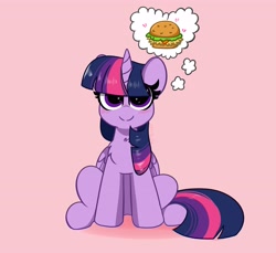 Size: 3724x3415 | Tagged: safe, artist:kittyrosie, imported from derpibooru, twilight sparkle, alicorn, pony, blushing, burger, cute, female, folded wings, food, hay burger, heart, high res, mare, pink background, simple background, sitting, smiling, solo, that pony sure does love burgers, thinking, thought bubble, twiabetes, twilight burgkle, twilight sparkle (alicorn), wings