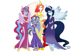 Size: 2400x1676 | Tagged: safe, artist:chelseawest, imported from derpibooru, oc, oc only, oc:azure star, oc:azure stars, oc:mi amore ruby heart, oc:moonshine, oc:solstice, alicorn, anthro, equestria girls, alicorn oc, cousins, descendant, horn, parent:oc:bloodmoon, parent:oc:blue belle, parent:oc:emerald spark, parent:oc:glimmering shield, parent:oc:lucky blaze, parent:oc:mi amore rose heart, parent:oc:platinum lune, parent:oc:sunny glow, parents:oc x oc, petalverse, ponied up, royalty, simple background, transparent background, wings