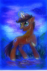 Size: 496x755 | Tagged: safe, artist:imanika, imported from derpibooru, oc, oc only, pony, unicorn, 2012, cutie mark, glowing horn, hooves, horn, magic, male, open mouth, raised hoof, solo, stallion, tail, traditional art