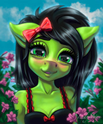 Size: 1280x1536 | Tagged: safe, artist:lady44miyu, imported from derpibooru, oc, oc only, oc:emerald blade, anthro, earth pony, blushing, bow, breasts, bust, clothes, digital art, dress, eyelashes, female, looking at you, portrait, solo, solo female