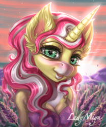 Size: 1280x1537 | Tagged: safe, artist:lady44miyu, imported from derpibooru, oc, oc only, oc:lemoncakes, anthro, earth pony, unicorn, blushing, breasts, bust, clothes, digital art, dress, eyelashes, female, horn, looking at you, portrait, solo, solo female