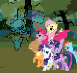 Size: 512x481 | Tagged: safe, artist:pacmanplayz, edit, edited screencap, imported from derpibooru, screencap, applejack, fluttershy, pinkie pie, rainbow dash, rarity, spike, twilight sparkle, earth pony, pegasus, pony, unicorn, friendship is magic, lowres, mane six, pixelated