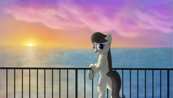 Size: 3840x2160 | Tagged: safe, artist:astralr, imported from derpibooru, octavia melody, earth pony, pony, cloud, female, looking at you, mare, ocean, railing, sky, solo, sunset
