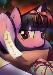 Size: 1280x1814 | Tagged: safe, artist:albertac, imported from derpibooru, twilight sparkle, pony, unicorn, bow, christmas, female, filly, filly twilight sparkle, happy hearth's warming, holiday, merry christmas, solo, unicorn twilight, younger