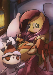 Size: 1280x1814 | Tagged: safe, artist:albertac, imported from derpibooru, angel bunny, fluttershy, pegasus, pony, rabbit, animal, bed, blushing, bow, butt, christmas, cute, duo, female, flutterbutt, gift wrapped, hat, holiday, looking at you, male, mare, presenting, santa hat, shyabetes