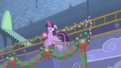 Size: 640x360 | Tagged: safe, edit, edited screencap, imported from derpibooru, screencap, twilight sparkle, alicorn, pony, best gift ever, animated, distressed, female, flying, hearth's warming, hungry, magic, mare, panicking, solo, subtitles, twilight sparkle (alicorn)