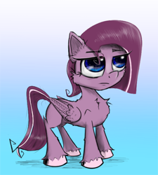 Size: 1200x1336 | Tagged: safe, artist:chopsticks, imported from derpibooru, oc, oc only, oc:cookie cutter, pegasus, pony, chest fluff, ear fluff, female, filly, simple background, solo, unamused, unshorn fetlocks