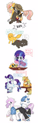 Size: 1024x3277 | Tagged: safe, artist:loryska, imported from derpibooru, applejack, burnt oak, fancypants, fleur-de-lis, rarity, oc, oc:ashmeade, pony, blushing, colt, farrier, female, hoof on chin, horseshoes, injured, leonine tail, lesbian, magic, magical lesbian spawn, male, mother and child, mother and son, offspring, parent:applejack, parent:rarity, parents:rarijack, rarijack, shipping, telekinesis, unshorn fetlocks