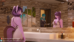 Size: 1920x1100 | Tagged: safe, artist:rinny, imported from derpibooru, oc, oc only, oc:lightningflash, oc:opium spark, anthro, 3d, bathroom, blender, clothes, crossgender, mirror, nightgown, oc x oc, reflection, shipping, transgender