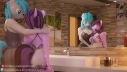 Size: 1920x1100 | Tagged: safe, artist:rinny, imported from derpibooru, oc, oc only, oc:lightningflash, oc:opium spark, anthro, 3d, bathroom, blender, clothes, crossgender, looking at each other, mirror, nightgown, oc x oc, reflection, shipping