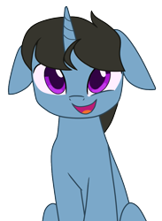 Size: 711x972 | Tagged: safe, artist:tcgamebot, imported from derpibooru, oc, oc only, oc:mysterious science, pony, unicorn, floppy ears, looking at you, male, open mouth, simple background, sitting, smiley face, smiling, solo, stallion, transparent background