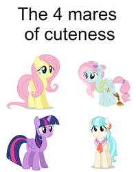 Size: 770x974 | Tagged: safe, imported from derpibooru, coco pommel, fluttershy, kerfuffle, twilight sparkle, alicorn, cute, four horsemen of the apocalypse, meme, simple background, twilight sparkle (alicorn), white background