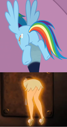 Size: 384x724 | Tagged: safe, imported from derpibooru, rainbow dash, season 6, the crystalling, ass, butt, comparison, disney, peter pan, plot, rainbutt dash, stuck, tinkerbell