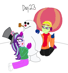 Size: 1280x1358 | Tagged: safe, artist:horroraceman93, imported from derpibooru, starlight glimmer, tree hugger, equestria girls, afro, christmas, female, frosty the snowman, hat, holiday, lesbian, shipping, simple background, starhugger, tongue out, transparent background