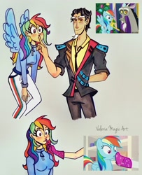 Size: 1802x2219 | Tagged: safe, artist:valeriamagicart, imported from derpibooru, screencap, discord, rainbow dash, rarity, draconequus, human, pegasus, pony, best gift ever, the end in friend, humanized, offscreen character, scene interpretation, screencap reference, traditional art, winged humanization, wings