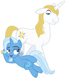 Size: 886x1047 | Tagged: safe, artist:peachspices, artist:tardifice, edit, imported from derpibooru, vector edit, prince blueblood, trixie, road to friendship, barrel chest, barrelchest blueblood, bedroom eyes, bluetrix, draw me like one of your french girls, female, male, shipping, simple background, straight, transparent background, vector