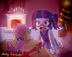 Size: 1500x1200 | Tagged: safe, artist:haden-2375, imported from derpibooru, sci-twi, spike, spike the regular dog, twilight sparkle, dog, equestria girls, baby, baby spike, candle, child, christmas, christmas lights, christmas tree, clothes, cute, fire, fireplace, glasses, holiday, open mouth, pigtails, present, puppy, socks, spikabetes, stocking feet, stockings, surprised, thigh highs, tree, twiabetes, volumetric mouth, younger