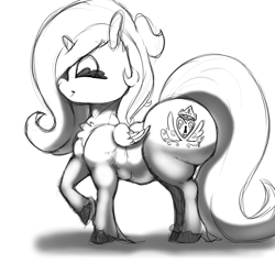 Size: 1440x1440 | Tagged: safe, artist:ladylitasparkle, artist:ladylullabystar, artist:tracerpainter, imported from derpibooru, oc, oc only, oc:moonride, alicorn, pony, black and white, chubby, cutie mark, grayscale, large butt, monochrome, short, side view, simple background, solo, white background