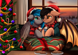 Size: 2833x1998 | Tagged: safe, artist:pridark, imported from derpibooru, imported from ponybooru, oc, oc only, oc:bibbo, oc:lonestar, bat pony, pegasus, bat pony oc, bat wings, blanket, blushing, candy, candy cane, chocolate, christmas, christmas decoration, christmas tree, commission, cookie, duo, food, hat, holiday, hot chocolate, indoors, looking at each other, pegasus oc, plate, romantic, santa hat, smiling, table, tree, window, wings