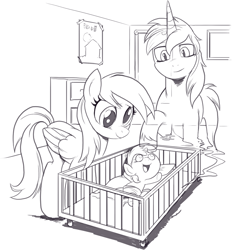 Size: 1442x1555 | Tagged: safe, artist:nauyaco, imported from derpibooru, derpy hooves, dinky hooves, oc, oc:on'nyun, ghost, pegasus, pony, undead, unicorn, baby, baby dinky hooves, baby pony, crib, diaper, female, filly, foal, male, mare, monochrome, stallion