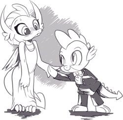 Size: 891x871 | Tagged: safe, artist:nauyaco, imported from derpibooru, smolder, spike, dragon, blushing, clothes, dress, female, grayscale, male, monochrome, shipping, spolder, straight, tuxedo