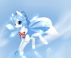 Size: 1000x824 | Tagged: safe, artist:di youyou, artist:狄优优, imported from derpibooru, fairy, fairy pony, original species, pony, bow, cirno, clothes, crossover, cute, dress, fairy wings, female, ice, mare, ponified, solo, touhou, wings