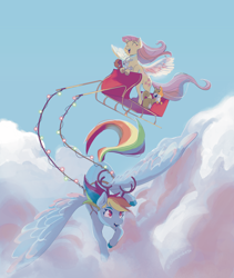 Size: 3064x3623 | Tagged: safe, artist:slowpoke, imported from derpibooru, angel bunny, fluttershy, rainbow dash, dog, pegasus, pony, rabbit, squirrel, animal, antlers, christmas, christmas lights, cloud, cloudy, cute, duo, female, flying, high res, holiday, reindeer antlers, reindeer dash, sky, sleigh