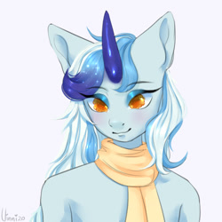 Size: 1131x1129 | Tagged: safe, artist:vinni, imported from derpibooru, oc, oc:saphir glitzern, unicorn, bust, clothes, portrait, scarf