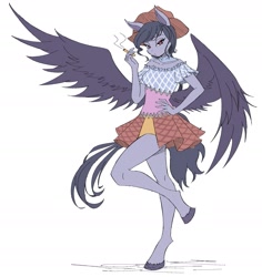 Size: 1871x1986 | Tagged: safe, artist:differentanswer, imported from derpibooru, anthro, pegasus, pony, unguligrade anthro, anthrofied, black wings, cigarette, clothes, crossover, dress, hat, kurokoma saki, ponified, skirt, smoking, touhou