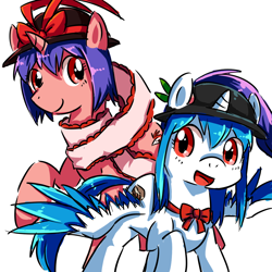 Size: 1024x1024 | Tagged: safe, artist:sukeyfour, imported from derpibooru, alicorn, pony, crossover, cute, duo, female, hat, hinanai tenshi, mare, nagae iku, ponified, touhou