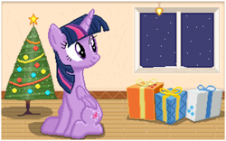 Size: 2560x1600 | Tagged: safe, artist:calinou, derpibooru exclusive, imported from derpibooru, twilight sparkle, alicorn, pony, christmas, christmas tree, cute, female, gift art, gift box, holiday, indoors, manechat, pixel art, pixelorama, present, room, snow, snowfall, solo, tree, twilight sparkle (alicorn), window